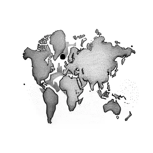 A dotwork map of the world with a small boat sailing across the oceans tattoo design idea
