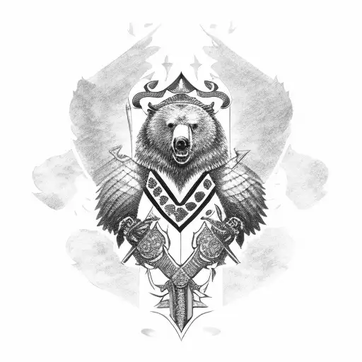  Shield Bear and bald Eagle crest with swords tattoo design idea