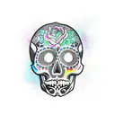 1 skull with the left half a colorful sugar skull and right half black and white simple plain skull tattoo design idea
