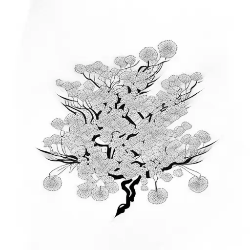 A blackwork tattoo of a blooming cherry blossom tree surrounded by swirling vines and leaves tattoo design idea