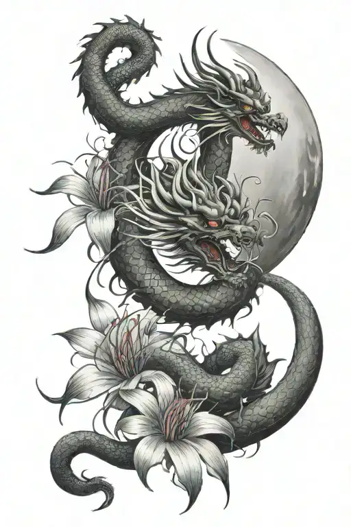 Chinese dragon with spider lily and moon tattoo design idea