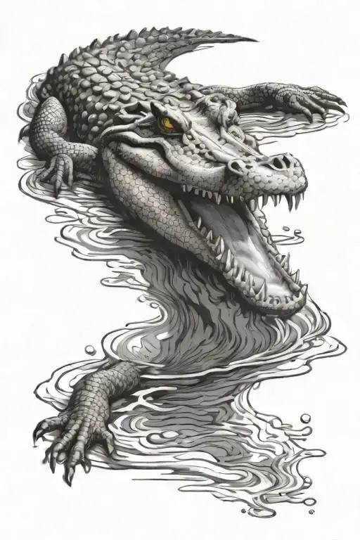 A crocodile emerging from a pool of water with realistic details and shading tattoo design idea