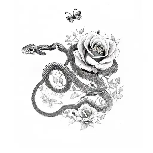 snake with roses and butterflies  tattoo design idea