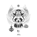 A red panda dressed as a wizard casting a spell with Japanese kanji characters in the background, blending elements of Japanese culture and magic tattoo design idea