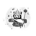 A red panda dressed as a wizard casting a spell with Japanese kanji characters in the background, blending elements of Japanese culture and magic tattoo design idea