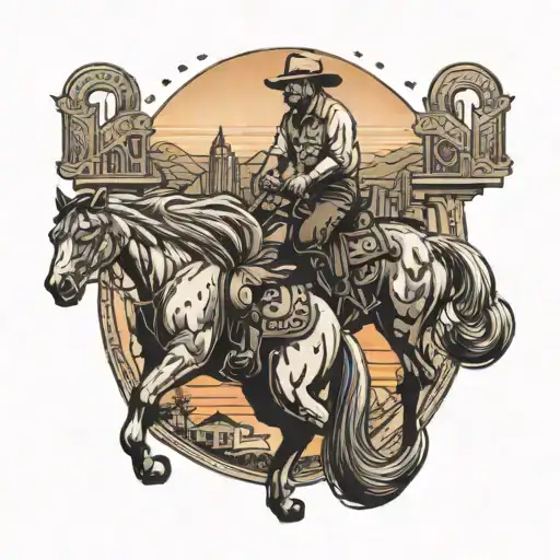 A horseshoe with a country-western scene inside, including a cowboy, horse, and sunset tattoo design idea