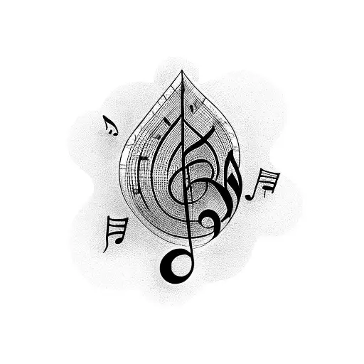 A stack of books with musical notes floating out of them tattoo design idea