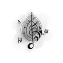 A stack of books with musical notes floating out of them tattoo design idea