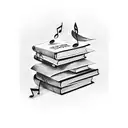 A stack of books with musical notes floating out of them tattoo design idea