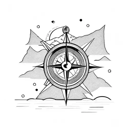  compass , sea , mountains , anchor , boat , backpack , plane , trees , sun  tattoo design idea