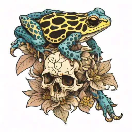 poison dart frog sitting on a skull that is surrounded by chrysanthemums   tattoo design idea