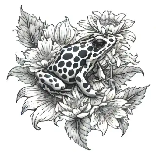 poison dart frog sitting on a skull that is surrounded by chrysanthemums   tattoo design idea