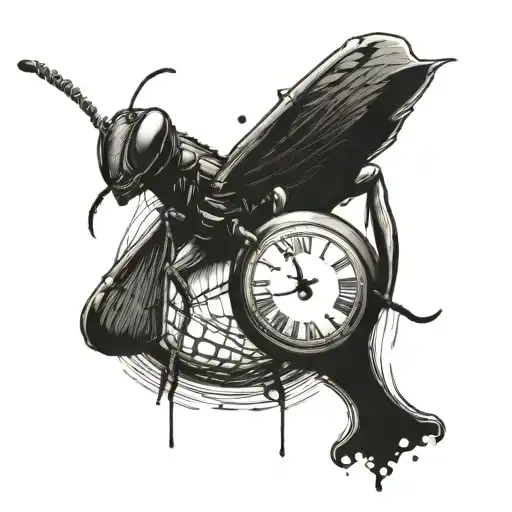 A dark, eerie Jimmeny Cricket with a clock melting in the background, symbolizing the passage of time tattoo design idea