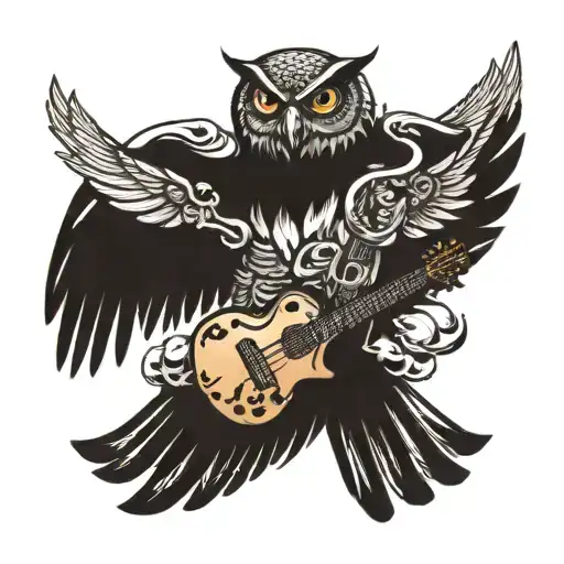 An owl with a guitar intertwined in its wings, surrounded by skulls and pirate symbols tattoo design idea