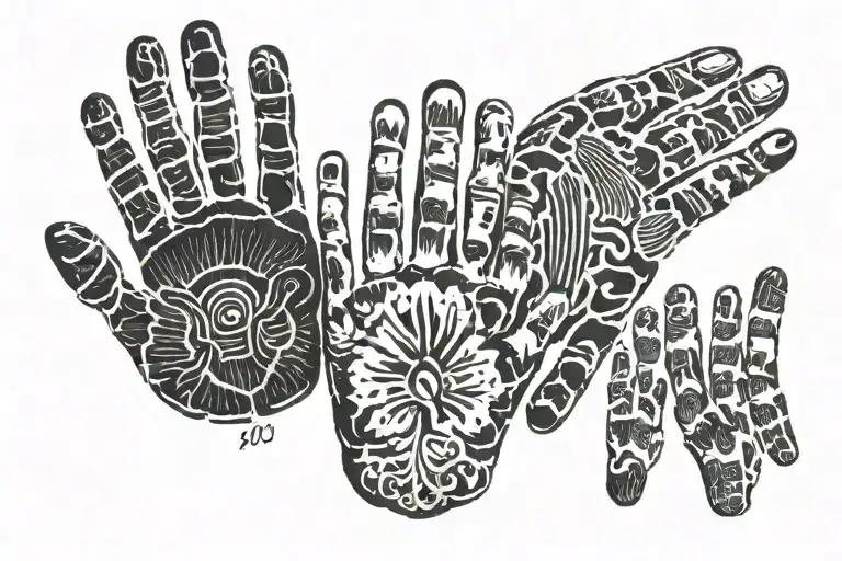 A handprint tattoo with fingerprints of your partner, son, and godson, each represented in a unique style tattoo design idea
