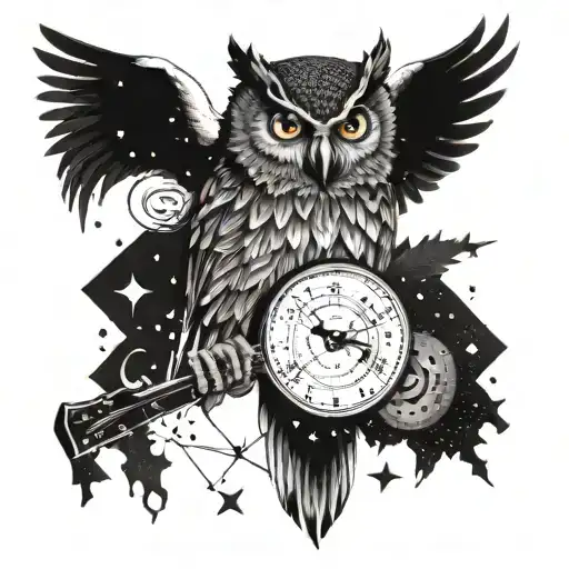 A cosmic owl flying through a galaxy, playing a guitar with its talons, surrounded by symbols of time and music tattoo design idea
