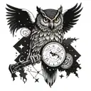 A cosmic owl flying through a galaxy, playing a guitar with its talons, surrounded by symbols of time and music tattoo design idea