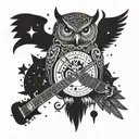 A cosmic owl flying through a galaxy, playing a guitar with its talons, surrounded by symbols of time and music tattoo design idea