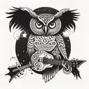 A cosmic owl flying through a galaxy, playing a guitar with its talons, surrounded by symbols of time and music tattoo design idea