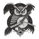 A cosmic owl flying through a galaxy, playing a guitar with its talons, surrounded by symbols of time and music tattoo design idea