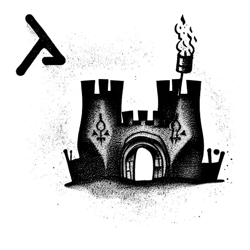 A castle that is crumbling down with one tower being a wine bottle, the door handles are gaming consoles, there are mone tattoo design idea