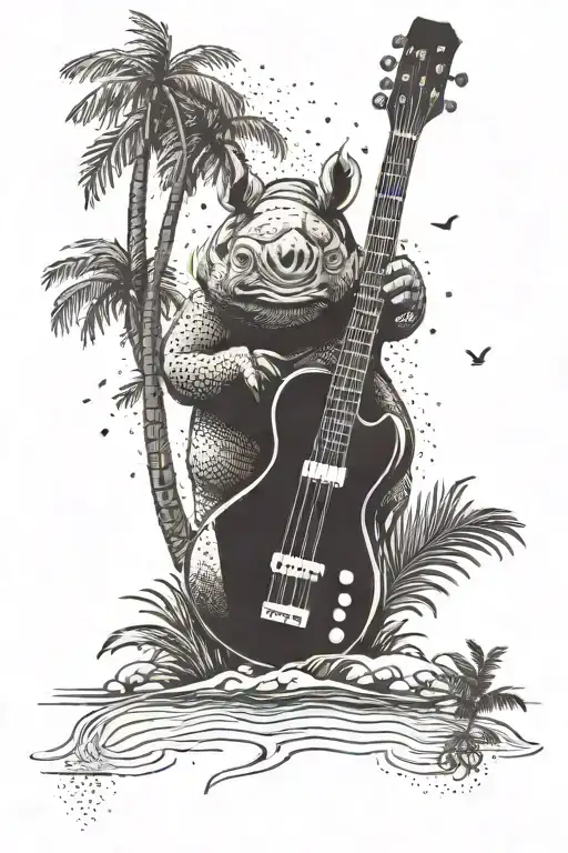 A bass guitar being played by a rhino on a beach with palm trees swaying in the background tattoo design idea