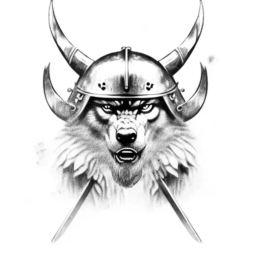 Viking warrior wearing a dead wolfs head like a hat tattoo design idea