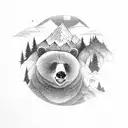 the bear has mountains and a forest inside it, followed by a bear cub tattoo design idea