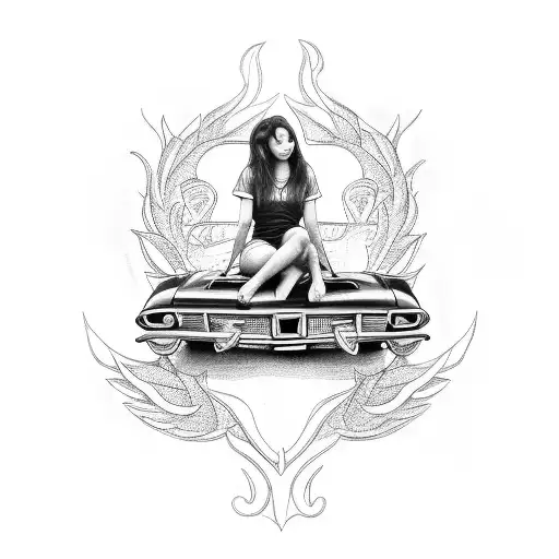 A black and grey tattoo of a girl sitting on top of a classic car, surrounded by F1 symbols tattoo design idea