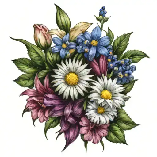 daisy, Hawthorne, larkspur, gladiolus, chrysanthemum tattoo design idea