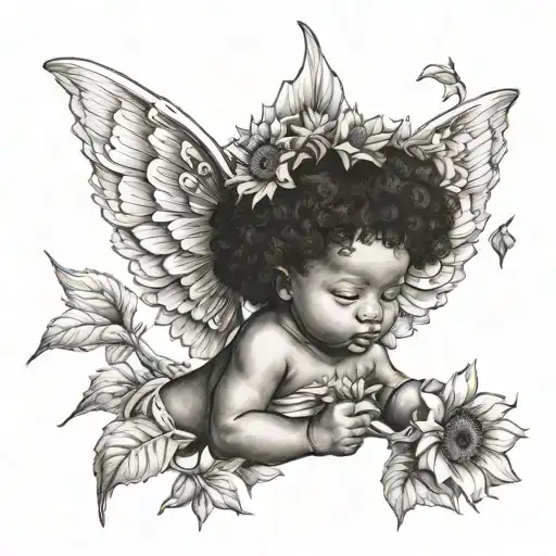 African American baby cherub holding a sunflower sitting on flowers tattoo design idea