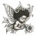 African American baby cherub holding a sunflower sitting on flowers tattoo design idea
