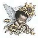 African American baby cherub holding a sunflower sitting on flowers tattoo design idea