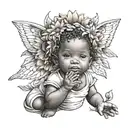 African American baby cherub holding a sunflower sitting on flowers tattoo design idea