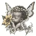 African American baby cherub holding a sunflower sitting on flowers tattoo design idea