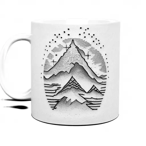 A coffee mug with the word 'family' written in mountain-inspired typography tattoo design idea
