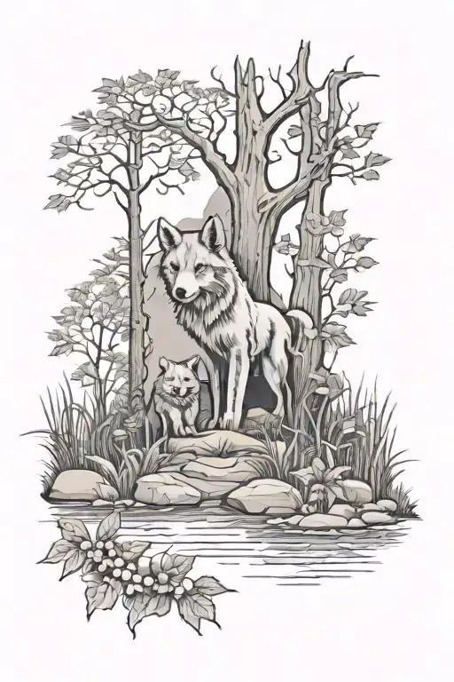 cardnial, paw prints, cross tombstone tattoo forest or lake  tattoo design idea