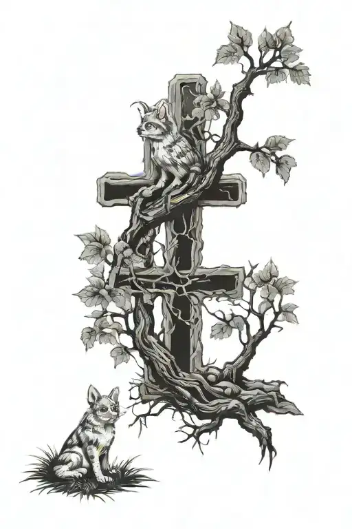 cardnial in tree, paw prints, cross tombstone tattoo forest or lake overlooking  tattoo design idea