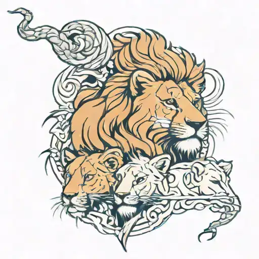 The full sleeve is a lion and the common part of the shoal is a woman. 2 lion cubs at the bottom tattoo design idea