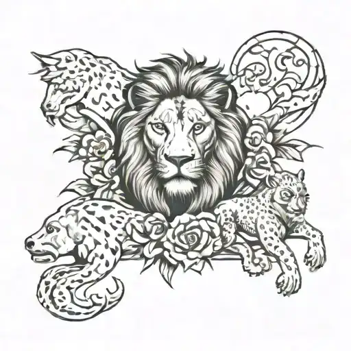 The full sleeve is a lion and the common part of the shoal is a woman. 2 lion cubs at the bottom tattoo design idea