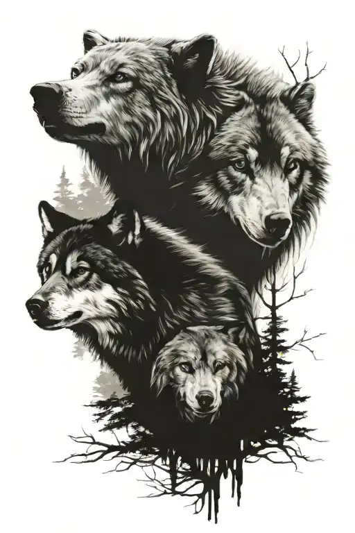 FOREST lunx wolf and bear tattoo design idea