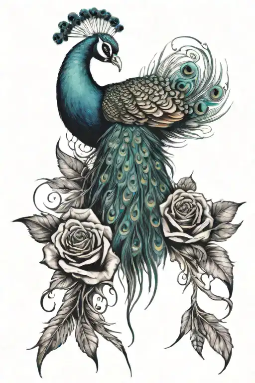 tattoo with bleeding thorny roses intertwined with peacock and peacock feathers tattoo design idea