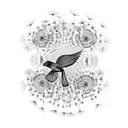 Dandelion with 3 birds flying up around 7 dandelion flakes in praying hands  tattoo design idea