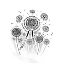 Dandelion with 3 birds flying up around 7 dandelion flakes in praying hands  tattoo design idea