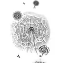 Dandelion with 3 birds flying up around 7 dandelion flakes in praying hands  tattoo design idea