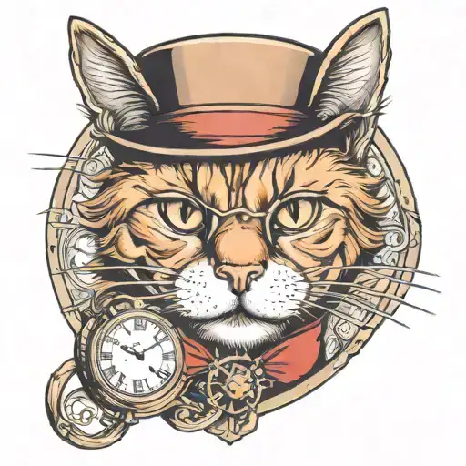 ginger cat wearing top hat pocket watch  tattoo design idea