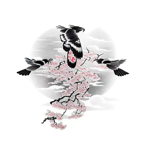 flying hawk silhouette with cherry blossoms forming an arm band tattoo design idea