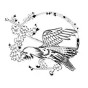 flying hawk silhouette with cherry blossoms forming an arm band tattoo design idea
