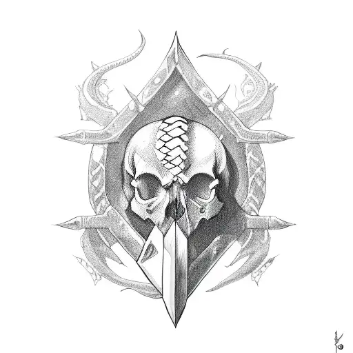 A sword coming out the top of a skull with a snake coming out the skull and wrapping around the sword tattoo design idea