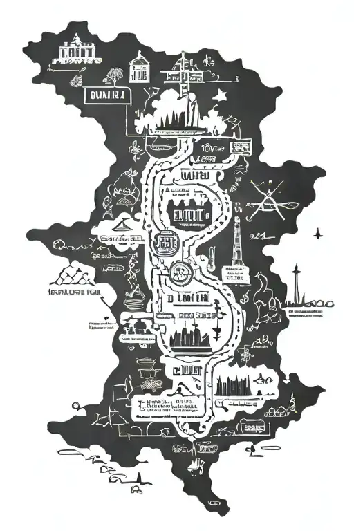 road  map with six names incorporated within, with symbols of America, Mexico, Puerto Rico, Costa Rica, England, Ecuador tattoo design idea